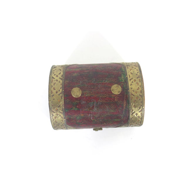 Vintage Humpback Dome Top Wood and Brass Box, Brass Trim, Lidded, Hinged Lid Box, Brown Red Green Gold Trinket For Sale - Image 6 of 10