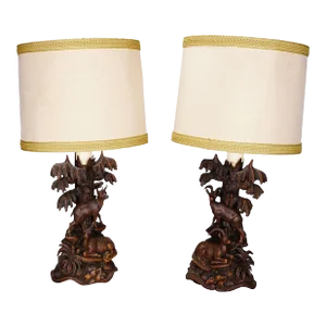 Pair Black Forest Carved Table Lamps With Ibex and Chamois