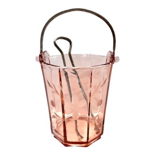 Vintage Pink Depression Glass Ice Bucket With Floral Etching and Silverplate Tongs For Sale