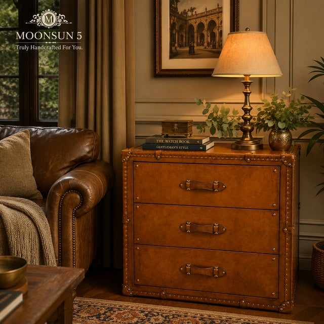 Animal Skin Luxury Tan Leather 3 Drawer Console, Handmade Leather Chest of Drawers, Vintage Trunk Style Nightstand, Brass Studded Storage Cabinet For Sale - Image 7 of 12