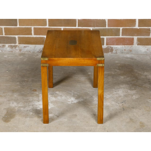 English Campaign Yew Wood 1920s Side Table with Brass Accents and Straight Legs For Sale - Image 12 of 12