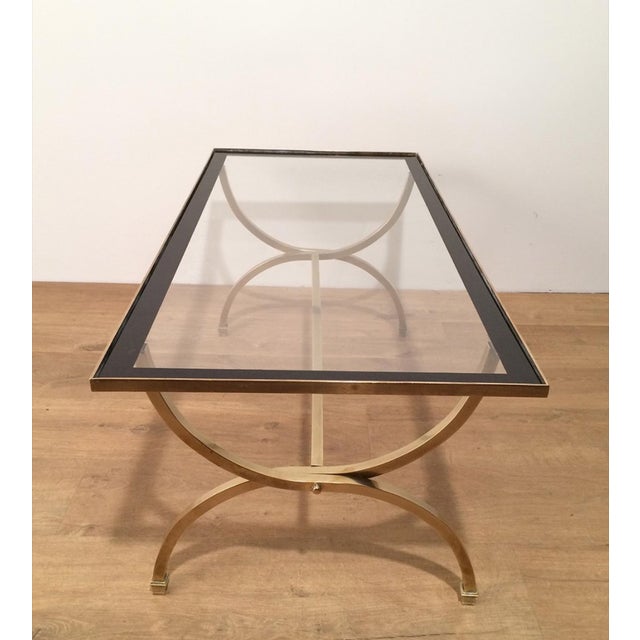 Neoclassical Brass coffee table with clear glass top and black lacquered edges For Sale - Image 3 of 12