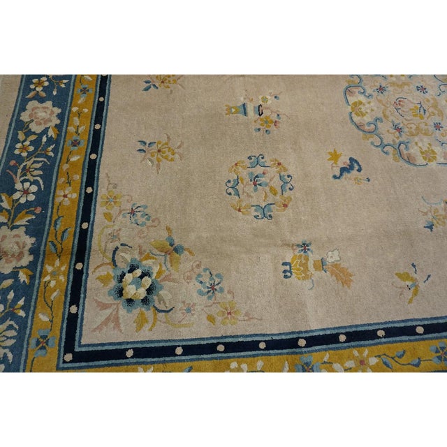 1920s Ivory Traditional Medallion Antique Chinese Peking Carpet 9'x12' Woven Rug For Sale - Image 4 of 9