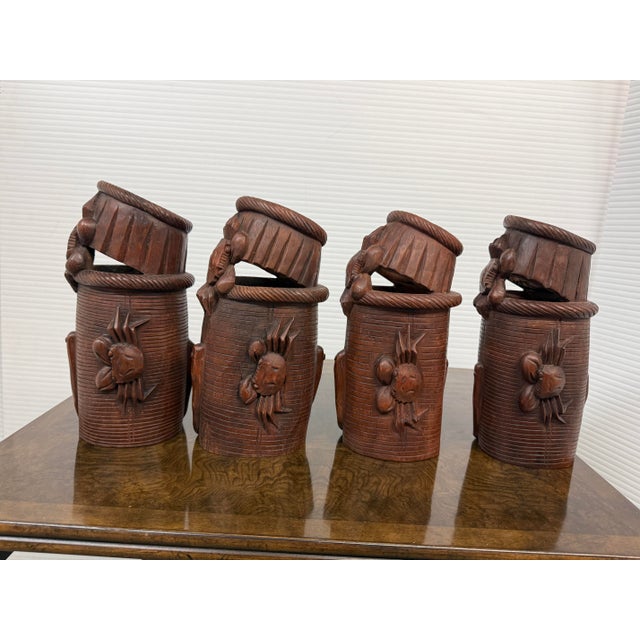 Brown Chinese Antique Bamboo Hand Carved Basket Crab Decorative Brush Pots, Set of 4 For Sale - Image 8 of 12