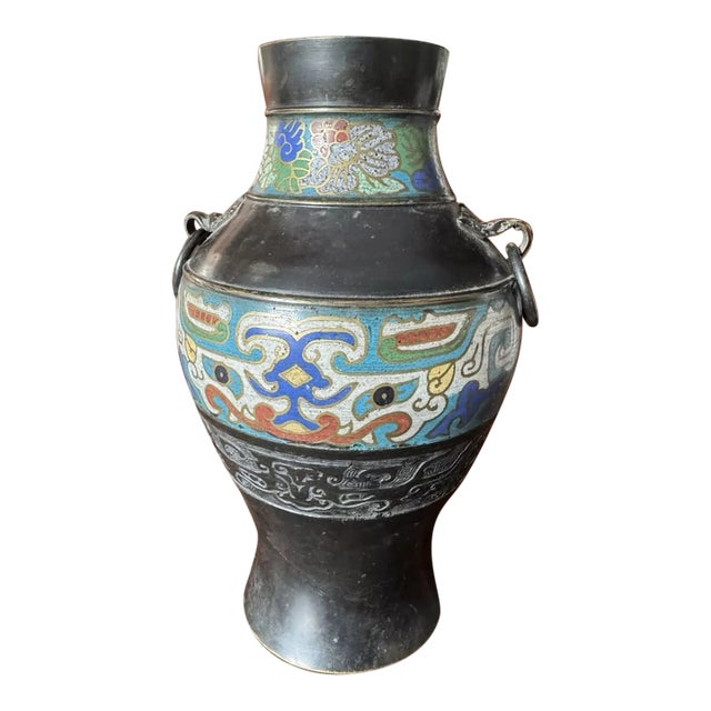 19th Century Japanese Bronze Cloisonne Vase With Handles For Sale