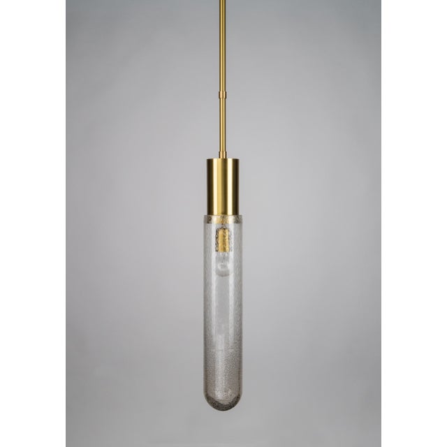 Midcentury style Pendant, Satin Brass, Gently brushed and lacquered brass, Clear Bubble Hand crafted glass, Adjustable...