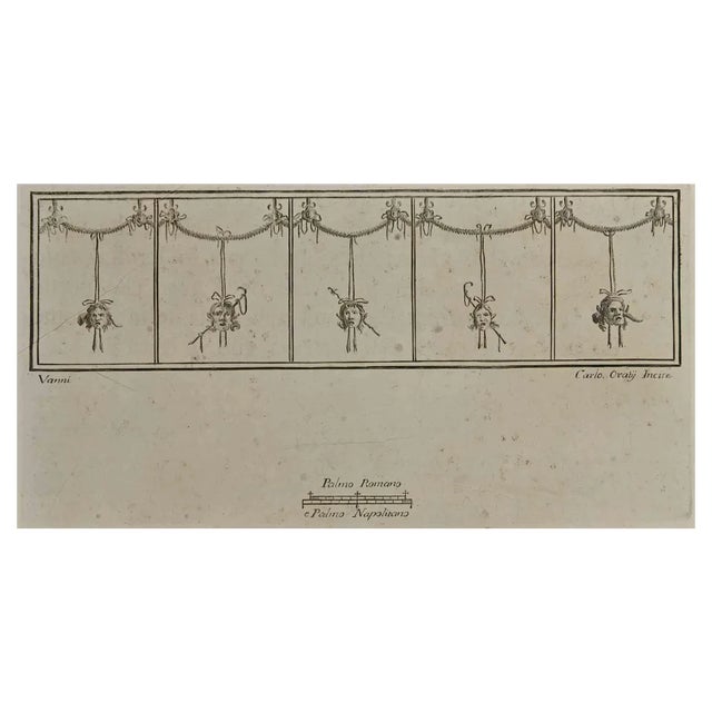 Carlo Oraty, Tragedy Masks Pompeian Style, Etching, 18th Century For Sale