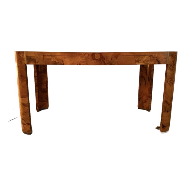 Italian Patchwork Burl Veneer Writing Desk With Brass Trim For Sale