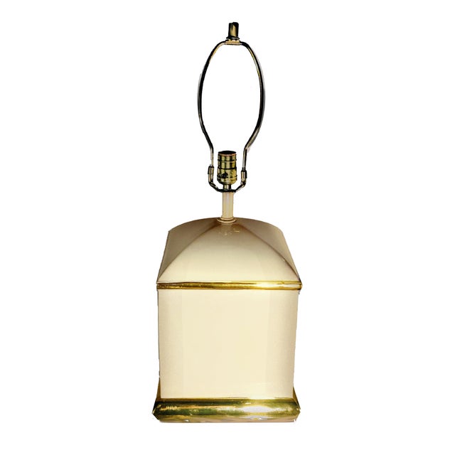 1970s 70s Chapman Hollywood Regency Style Cream & 14k Gold Square Shaped Lamps - a Pair For Sale - Image 5 of 6