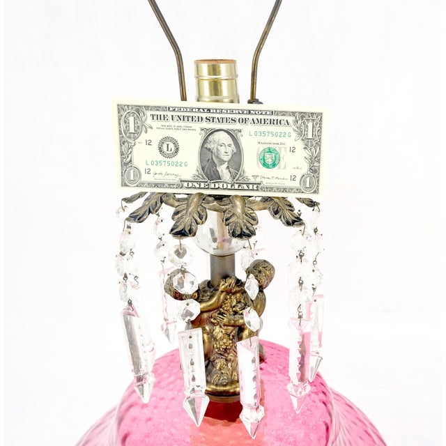 Metal Pair of Large Cranberry Glass Crystal Decorated Table Lamps MINT! For Sale - Image 7 of 15