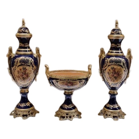 French Porcelain Urn Centerpiece Set Hand-Painted Floral, Gilded Bronze For Sale