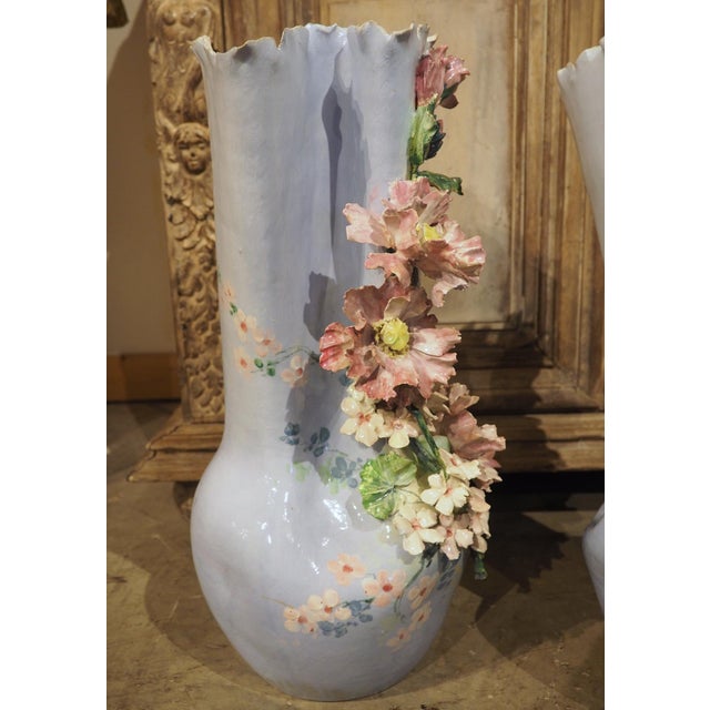 Sky Blue Pair of Circa 1890 Hand Painted French Gros-Relief Blue Ground Barbotine Vases For Sale - Image 8 of 18