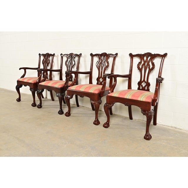 English Kindel Furniture Chippendale Carved Mahogany Dining Arm Chairs, Set of Four For Sale - Image 3 of 12