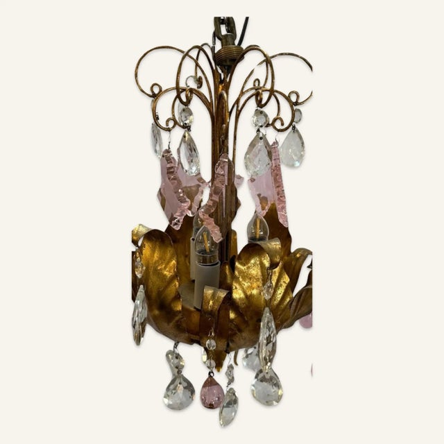 Hollywood Regency 1940s Small 3 Bulb Venetian Crystal and Gilt Bronze Leaf Motif Chandelier For Sale - Image 3 of 6