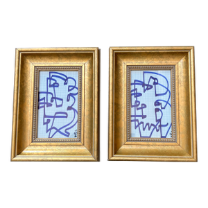Contemporary 2 Original Wayne Cunningham Abstract Blue Marker Drawings Chunky Gold Frames-a Pair
