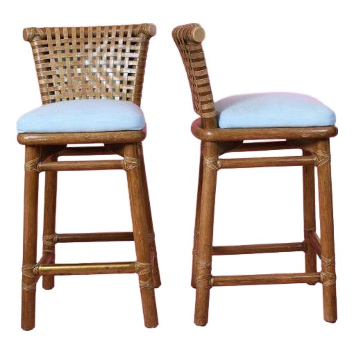 Pair of Vintage Leather Strap McGuire Counter Stools For Sale