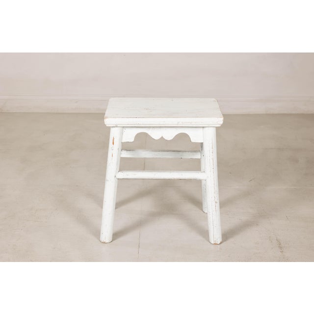 Vintage Chinese Rustic Country Style White Painted Wooden Stool For Sale - Image 11 of 16