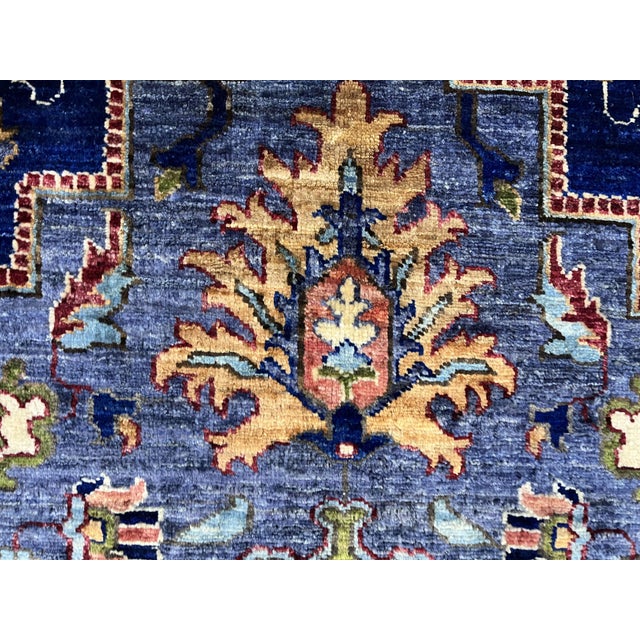 Blue Afghan Sultani Natural Dye Wool Rug, Persian Heriz Medallion Design, 5′9″ × 8′ For Sale - Image 6 of 14