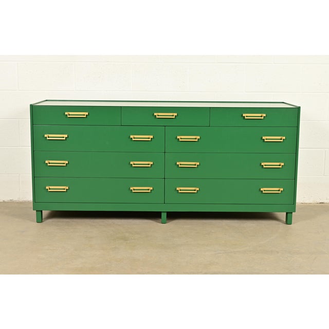 Michael Taylor for Baker Furniture Mid-Century Hollywood Regency Green Lacquered Campaign Dresser, Newly Refinished For Sale - Image 15 of 15