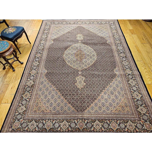 Antique Persian Tabriz Mahi Rug, Hand-Knotted Wool & Silk, Herati Geometric Pattern, Navy & Ivory, 9x12 For Sale - Image 14 of 18