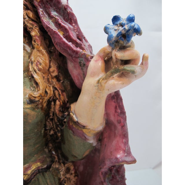 Figurative Susi Singer Terracotta Madonna With Blue Flower & Child 1951 Statue For Sale - Image 3 of 18