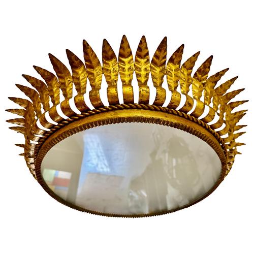 Large Spanish Crown Sunburst Fixture in Gilt Metal and Frost Glass, 1950 For Sale - Image 10 of 10