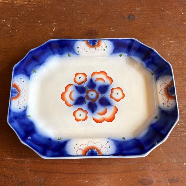 Ceramic Antique Gaudy Welsh Crescent Pinwheel Flow Blue Small Platter, Circa 1840s For Sale - Image 7 of 12