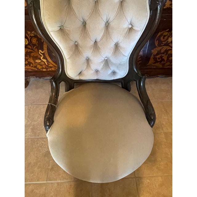 Wood Victorian Revival Carved Wood & Tufted Upholstered Parlor Chairs – Pair For Sale - Image 7 of 12