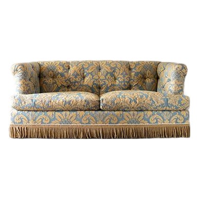 Vintage Damask Traditional Tufted Rolled-Arm Sofa With Fringe Skirt For Sale