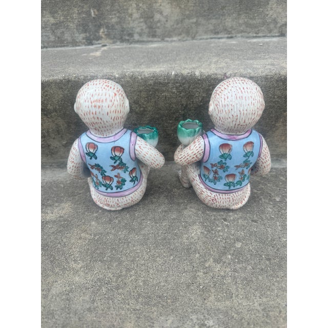 Vintage Chinoiserie Ceramic Seated Monkey Candleholders - A Pair For Sale - Image 4 of 9