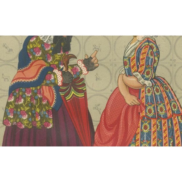 Chromolithograph of groningen women in chintz and flodder muts headdresses, 1932 this vivid hand-colored lithograph is...