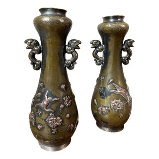 Bronze Vases with Asian Motifs in Relief in Copper, 1890s For Sale