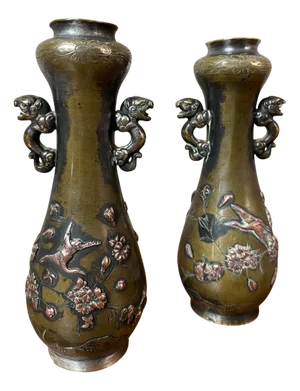 Bronze Vases with Asian Motifs in Relief in Copper, 1890s