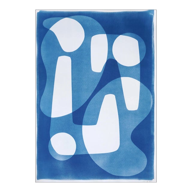 2024, Jestons Style Shapes in White and Blue, "Mid-Century Shapes Iii", Handmade Cyanotype on Watercolor Paper For Sale