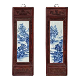 Pair Chinese Blue White Landscape Porcelain Painting Wall Panels For Sale