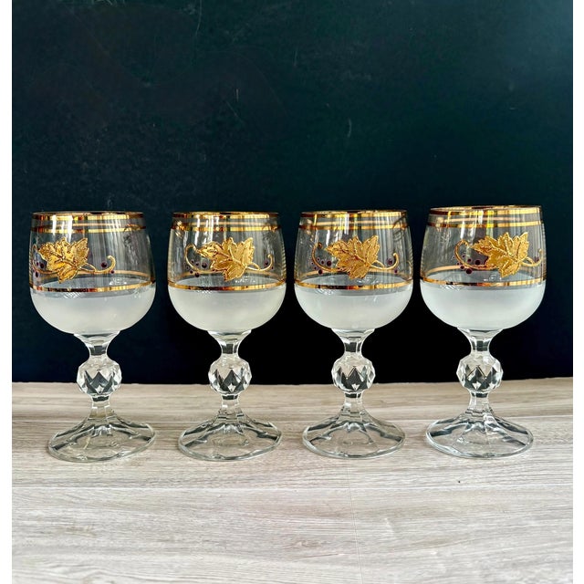 Traditional Vintage Bohemia Crystal Wine Glasses – Crystalex Boc47 Pattern – Frosted Bowl, Gold Leaf & Purple Dots – 5 1/2" Tall For Sale - Image 3 of 9