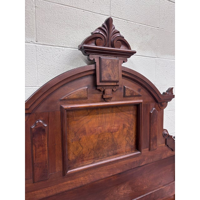 Wood Antique Full Size Monumental Victorian Renaissance Revival Walnut Burl Wood Bed For Sale - Image 7 of 9