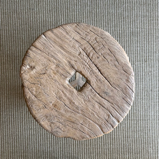 Brown Vintage Elm Wood Wheel Table in Natural Finish For Sale - Image 8 of 8