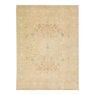Modern Handmade Kafkaz Wool Rug in Beige With Floral Design For Sale
