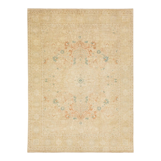 Modern Handmade Kafkaz Wool Rug in Beige With Floral Design For Sale