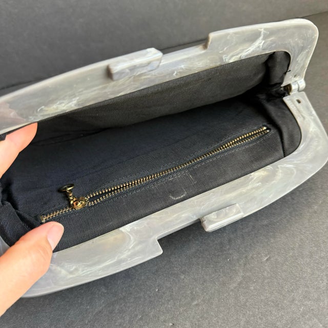 Animal Skin Vintage Italian Suede Clutch Purse Snakeskin Patchwork Leather Bag Gray Bakelite Style Closure Reghi Italy For Sale - Image 7 of 11