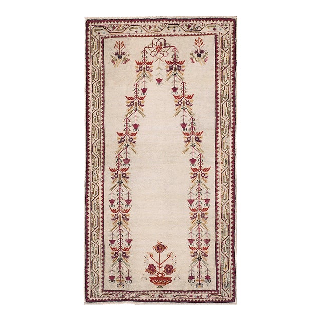 1870s Ivory Geometric Turkish Central Anatolian Ghiordes Prayer Rug 3'3" X 5'8" Hand Knotted Wool Carpet For Sale