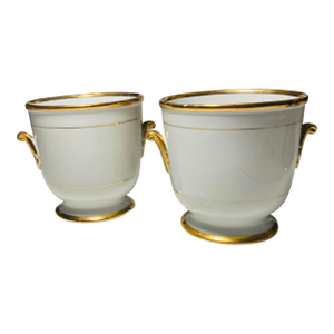 Vintage Pair of White Porcelain Urn Shape Cache Pots Gold Accents