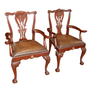 Pair of Theodore Alexander Althorp Chippendale Style Leather Seat Arm Chairs For Sale