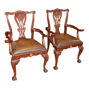 Pair of Theodore Alexander Althorp Chippendale Style Leather Seat Arm Chairs