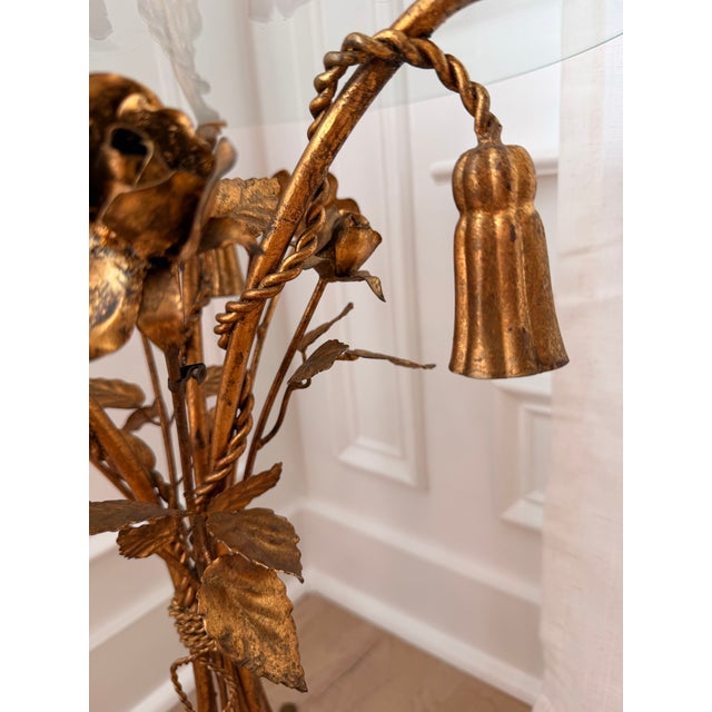 Hollywood Regency Vintage Italian Style Gilt Tole Floral Side Table With Glass Top and Tassel Details For Sale - Image 3 of 5