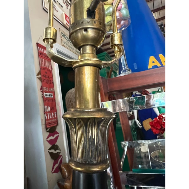 Vintage Tall Simple Black Table Lamp With a Wooden Base and Gold Details For Sale In Atlanta - Image 6 of 11