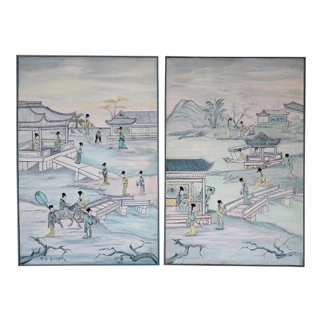 1970’s Mary Rohloff Figurative Asian Landscape Scene Acrylic on Canvas Paintings – A Pair For Sale