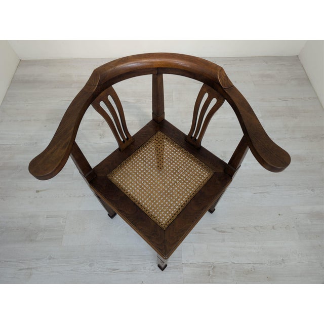 Brown Art Nouveau Corner Oak Armchair with Raffia, 1920s For Sale - Image 8 of 15