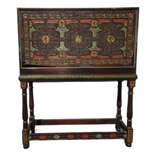 Antique Spanish Style Carved Vargueno Bargueno Drop Front Secretary Desk Cabinet For Sale